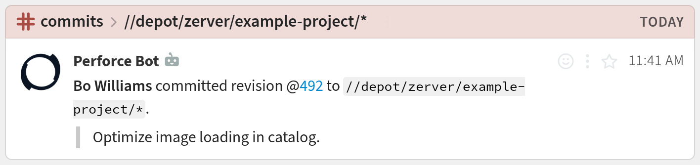 Perforce notification bot message
